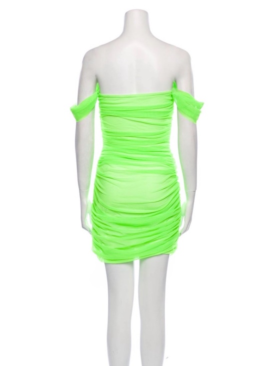 Norma Kamali Neon Green Off-Shoulder Ruched Mini Dress Norma Kamali Neon Green Off-Shoulder Ruched Mini Dress